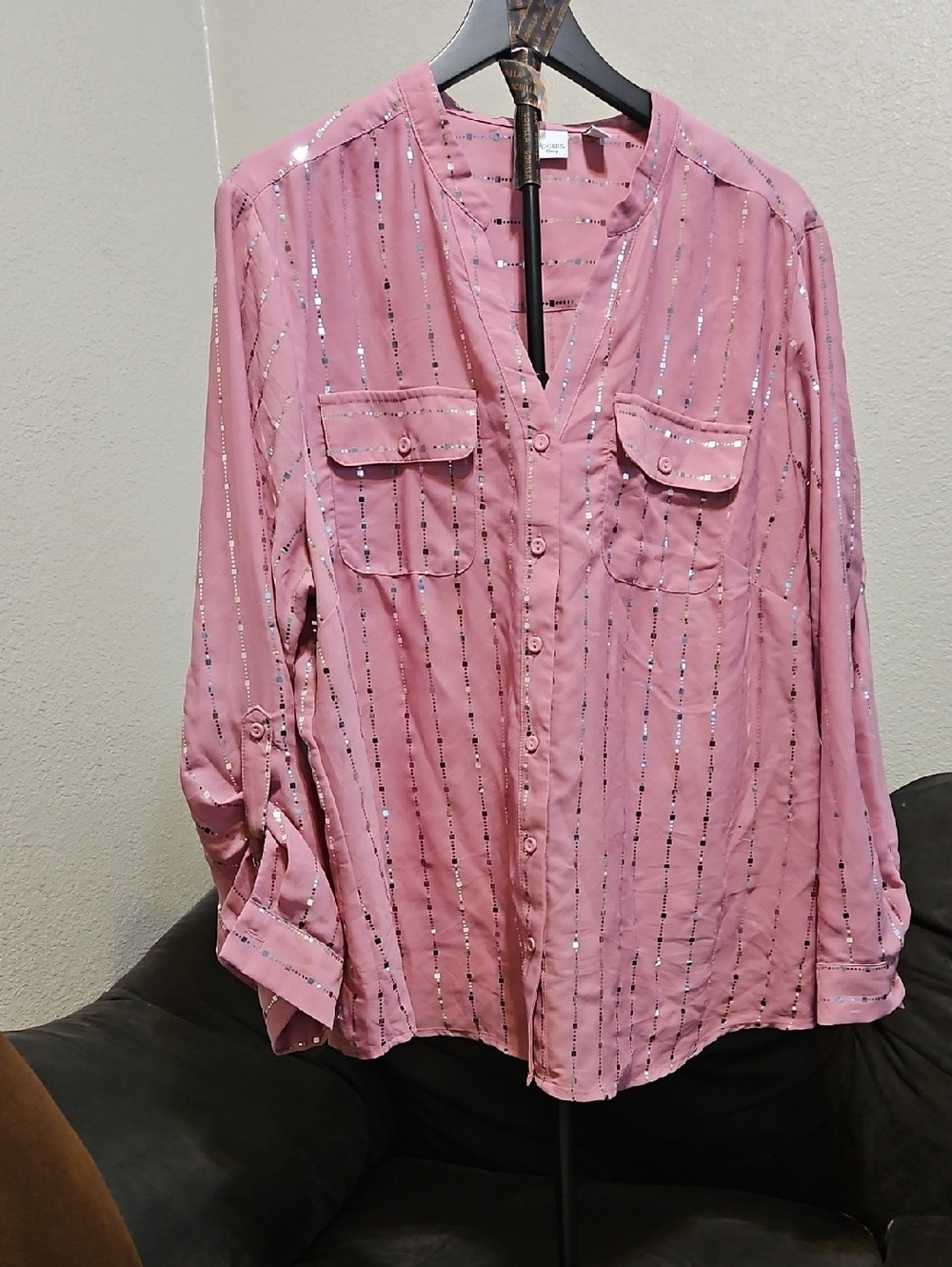 Kim Rogers Pink Sequin-Striped Button Front Blouse